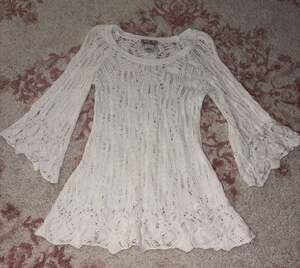 Nouveaux Cream White Cotton Open Knit Bell Sleeve Sweater Dress Size S